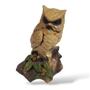 Owl Orzec Terrestone Figurine Ceramic Owl on Branch Vintage